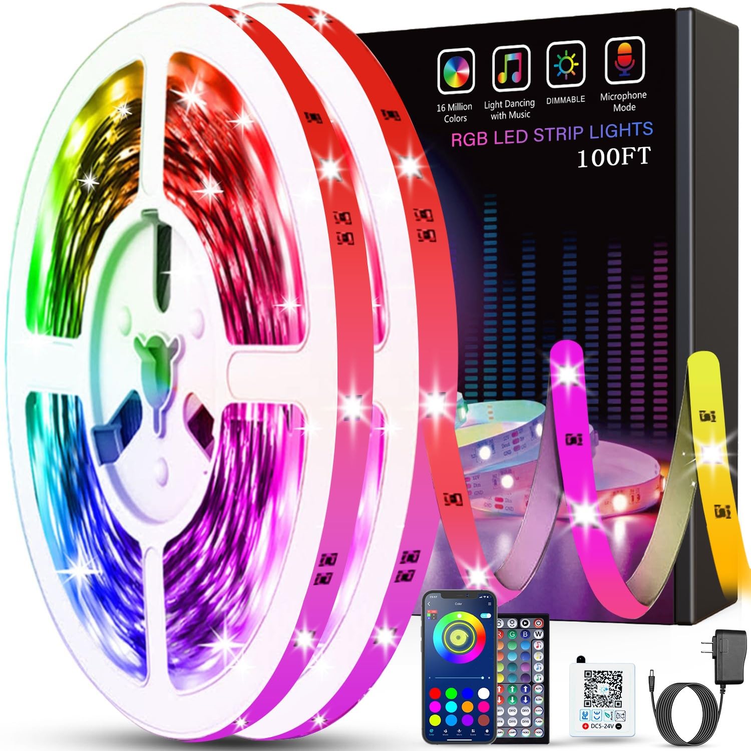 100ft Music Sync RGB Strip Lights for Bedroom with Remote and App Control