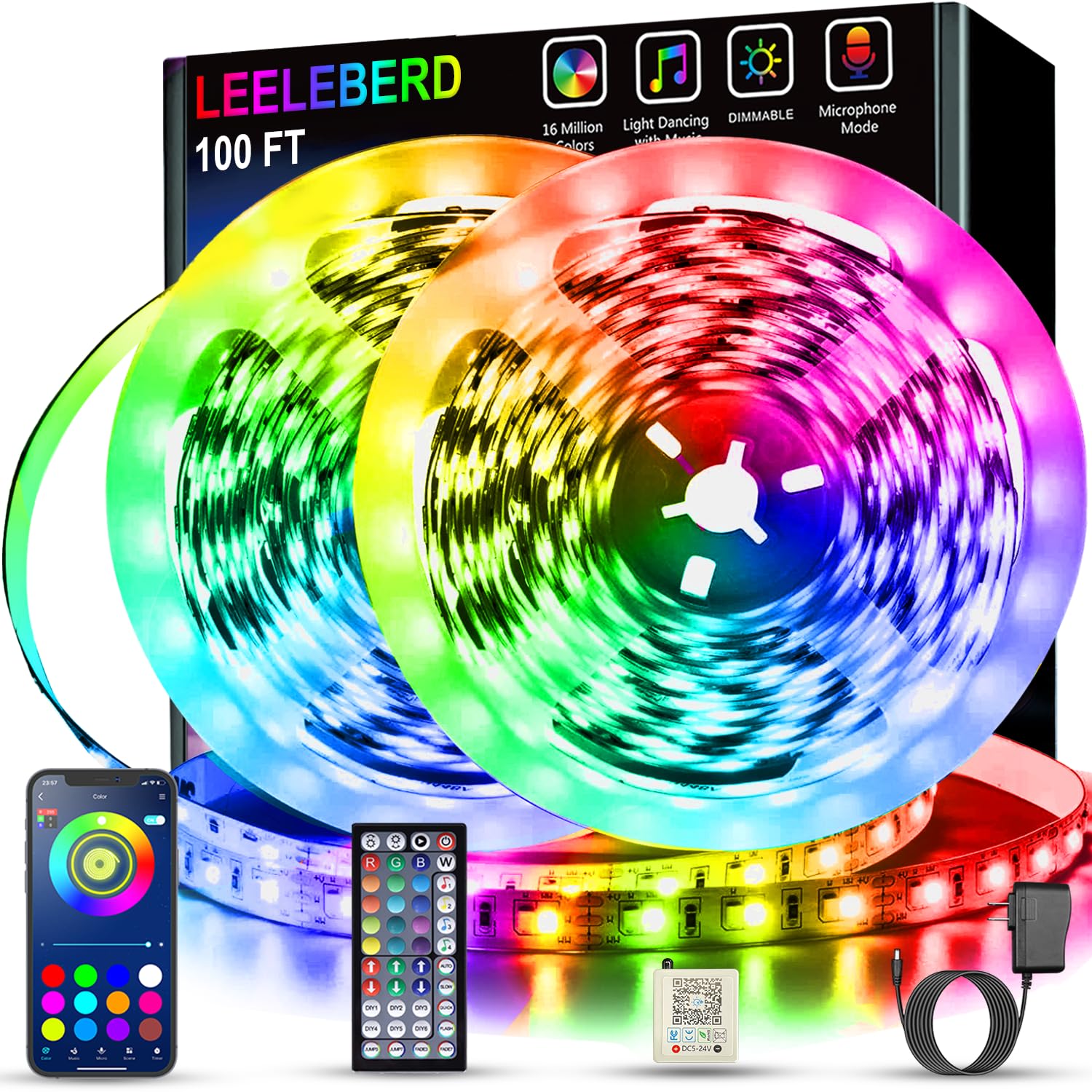 Bluetooth Controlled 100ft Music Sync RGB LED Strip Lights for Bedroom